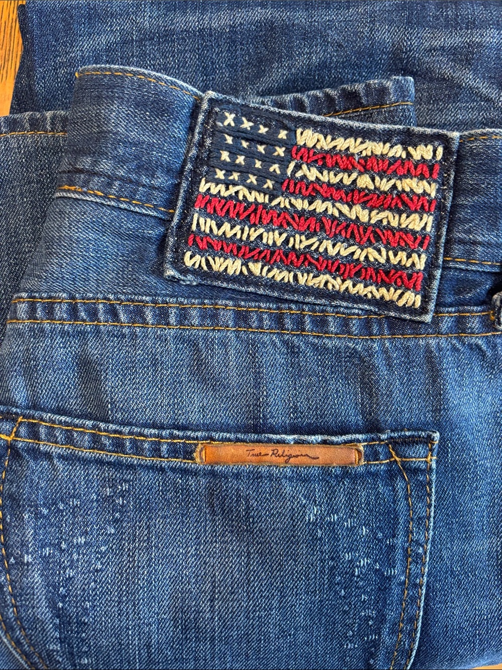 True Religion Men's Straight Jeans 31 US Flag Patch Distressed Made in USA